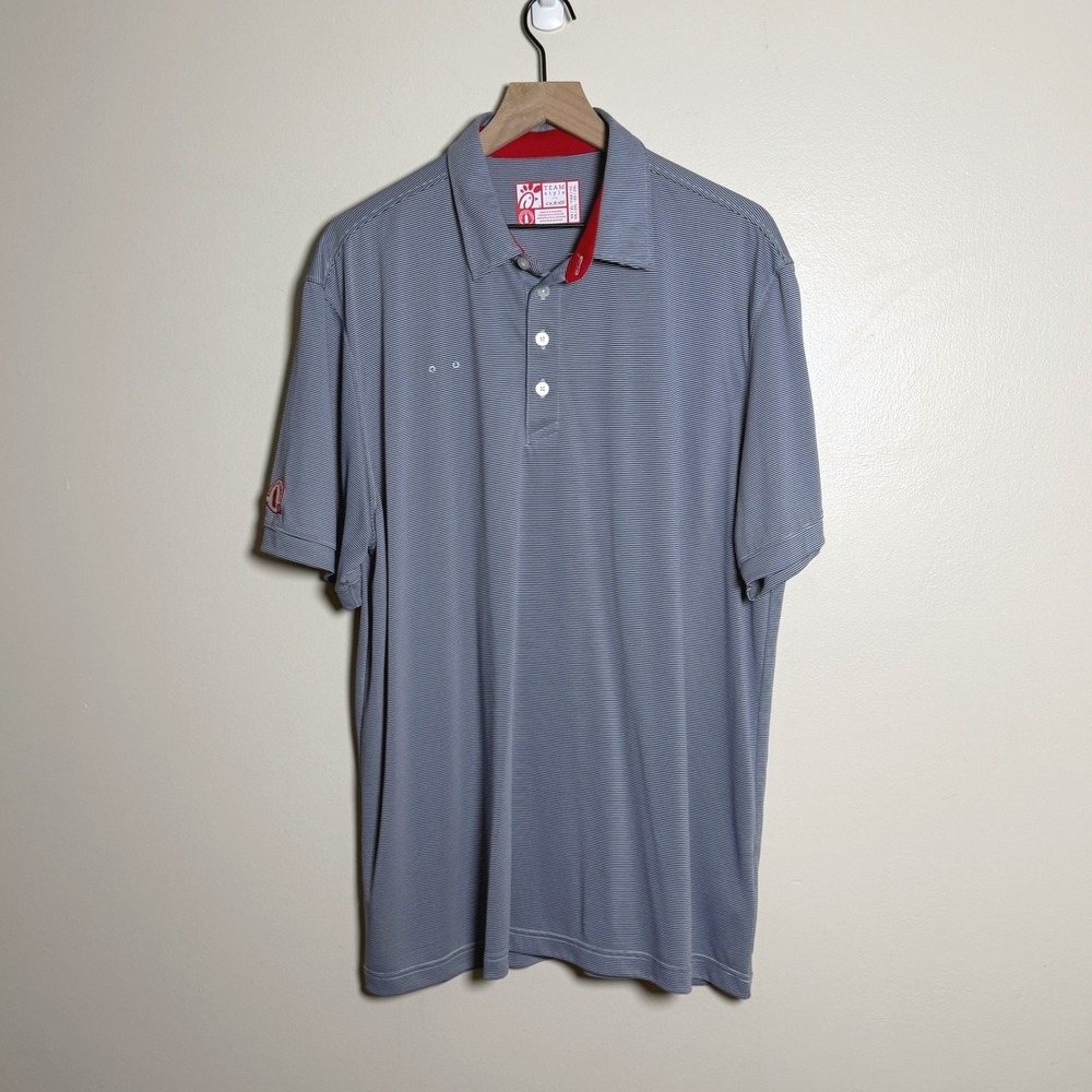 Chick-fil-A Team Style Oobe Mens XL Polo Shirt Navy Blue White Micro Stripe XL